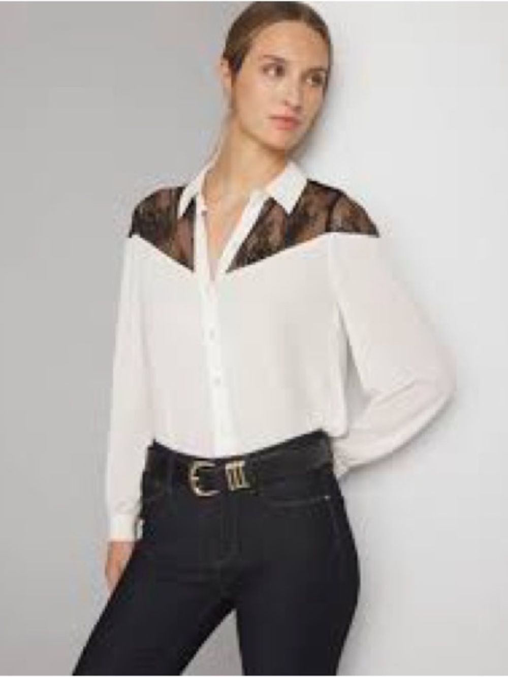 White House Black Market Lace Shoulder Button Down Blouse Ivory Black Size L NWT